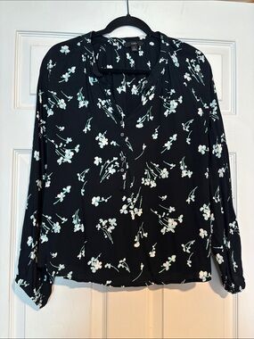 J. Crew Black Blouse with White and Mint Floral Print